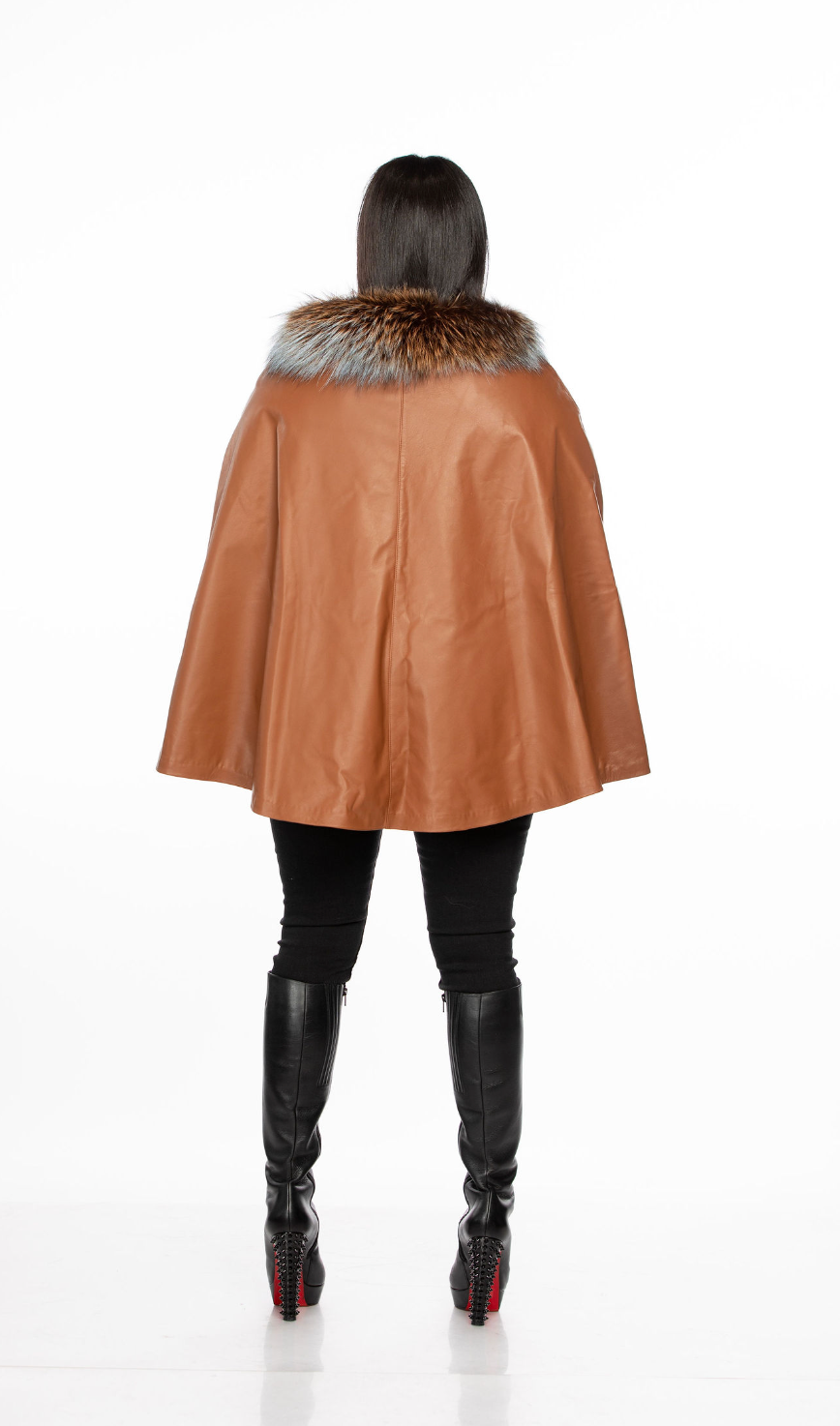 Dina Leather Cape W/ Silver Fox Trimming