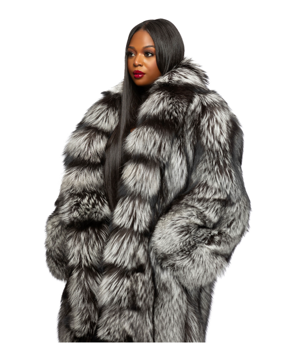 Fancy Full Length Silver Fox Coat w/ Detachable sleeve