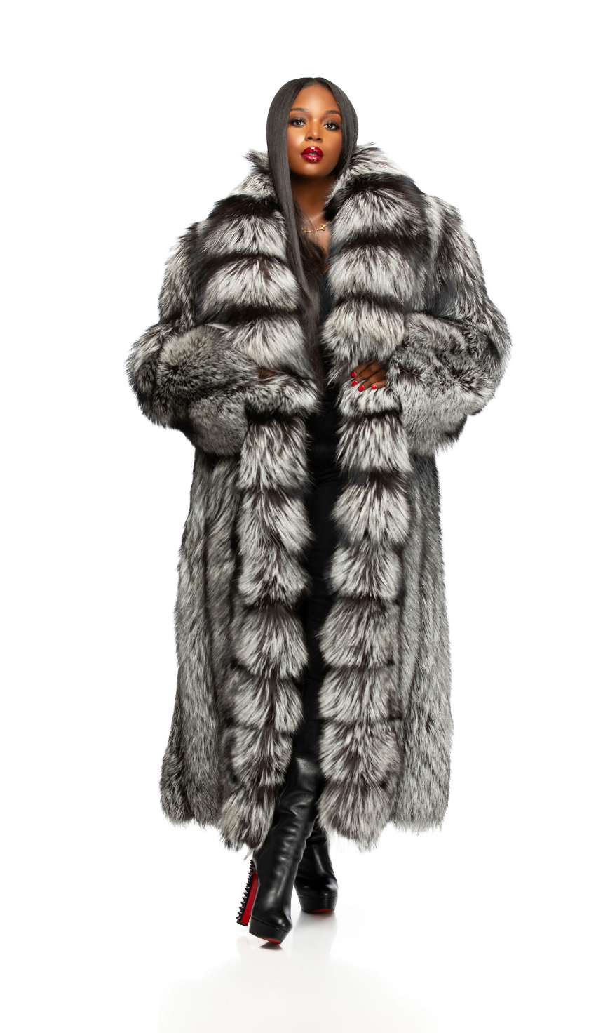 Fancy Full Length Silver Fox Coat w/ Detachable sleeve