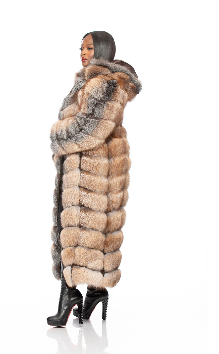 Crystal Gina Full Length Fox Fur Detachable Sleeves Detachable Hood
