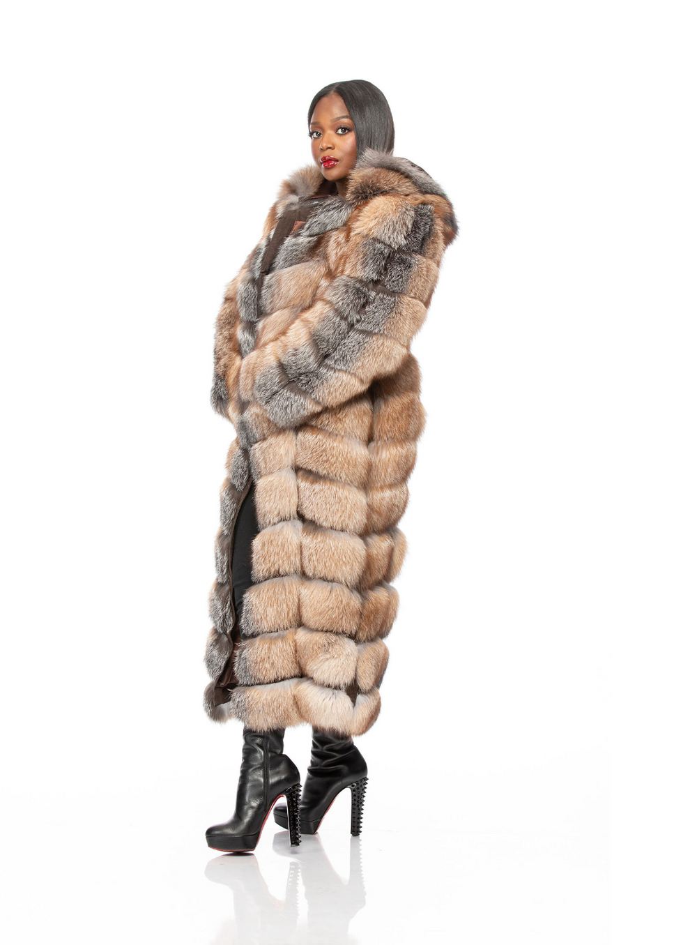 Crystal Gina Full Length Fox Fur Detachable Sleeves Detachable Hood