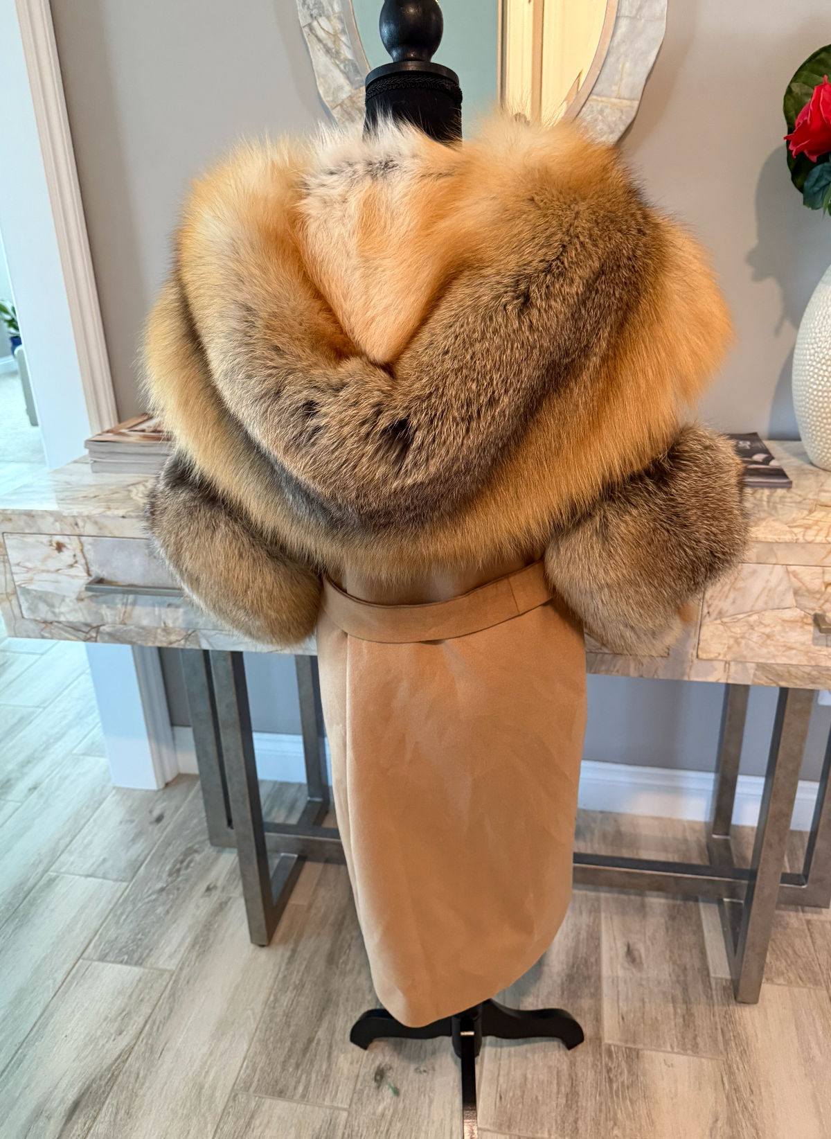 Size M: Best fits size m gorgeous cashmere and wool and gold fox coat w/ hood