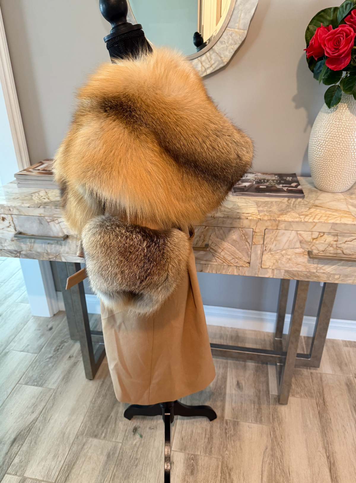 Size M: Best fits size m gorgeous cashmere and wool and gold fox coat w/ hood