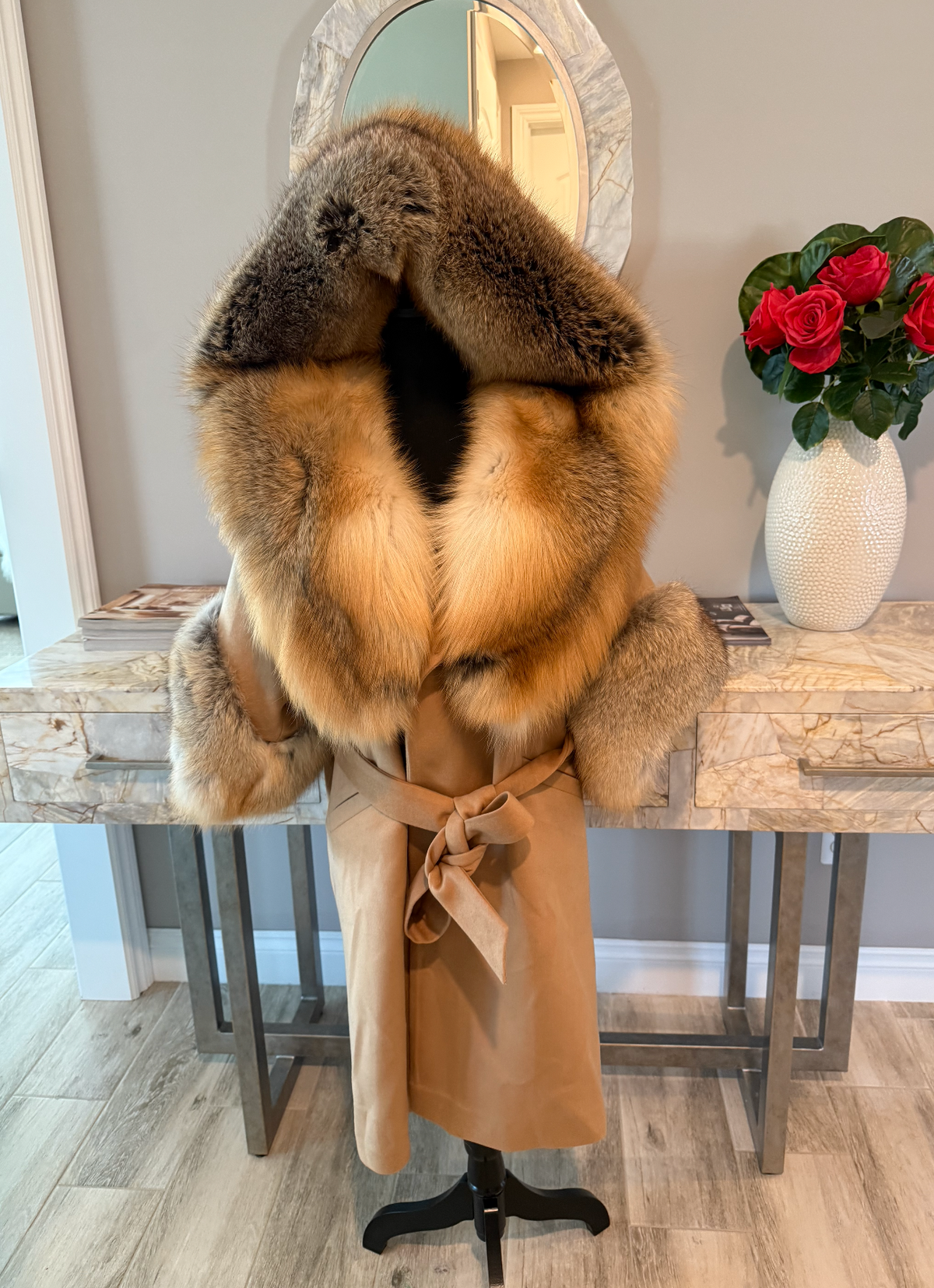 Size M: Best fits size m gorgeous cashmere and wool and gold fox coat w/ hood