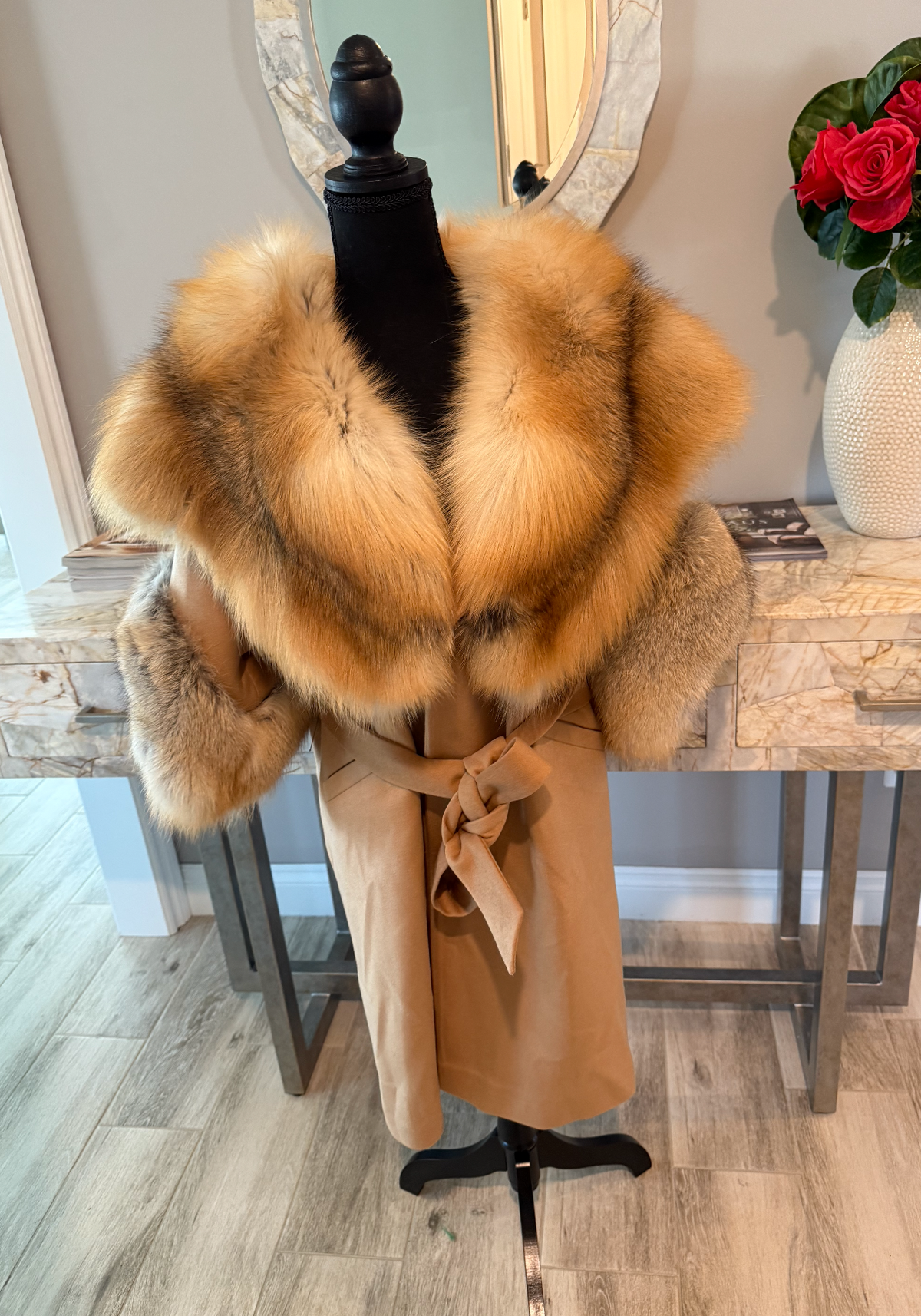 Size M: Best fits size m gorgeous cashmere and wool and gold fox coat w/ hood