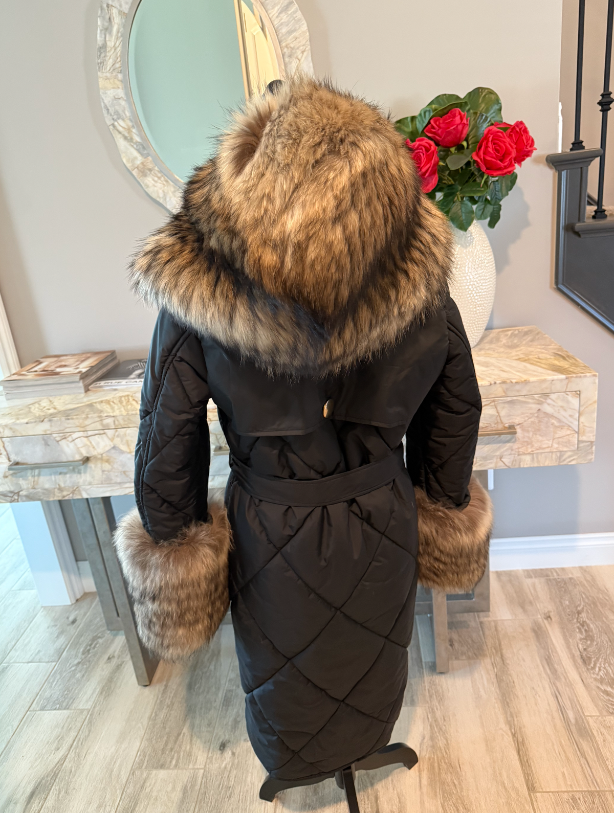 Sizes L and S: Fabric coat with raccoon fur