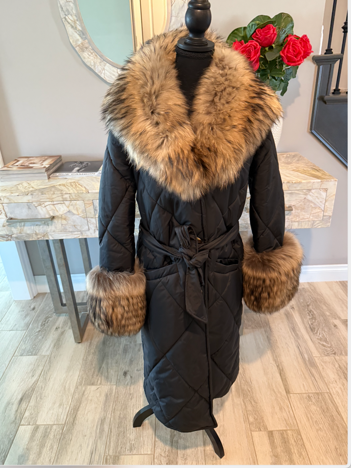Sizes L and S: Fabric coat with raccoon fur