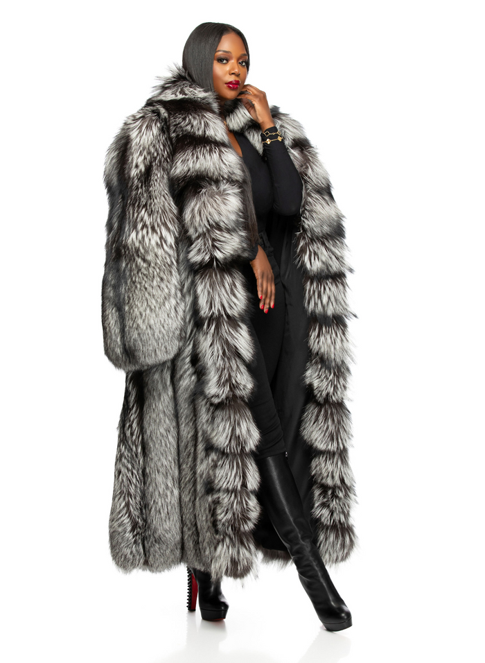 Fancy Full Length Silver Fox Coat w/ Detachable sleeve