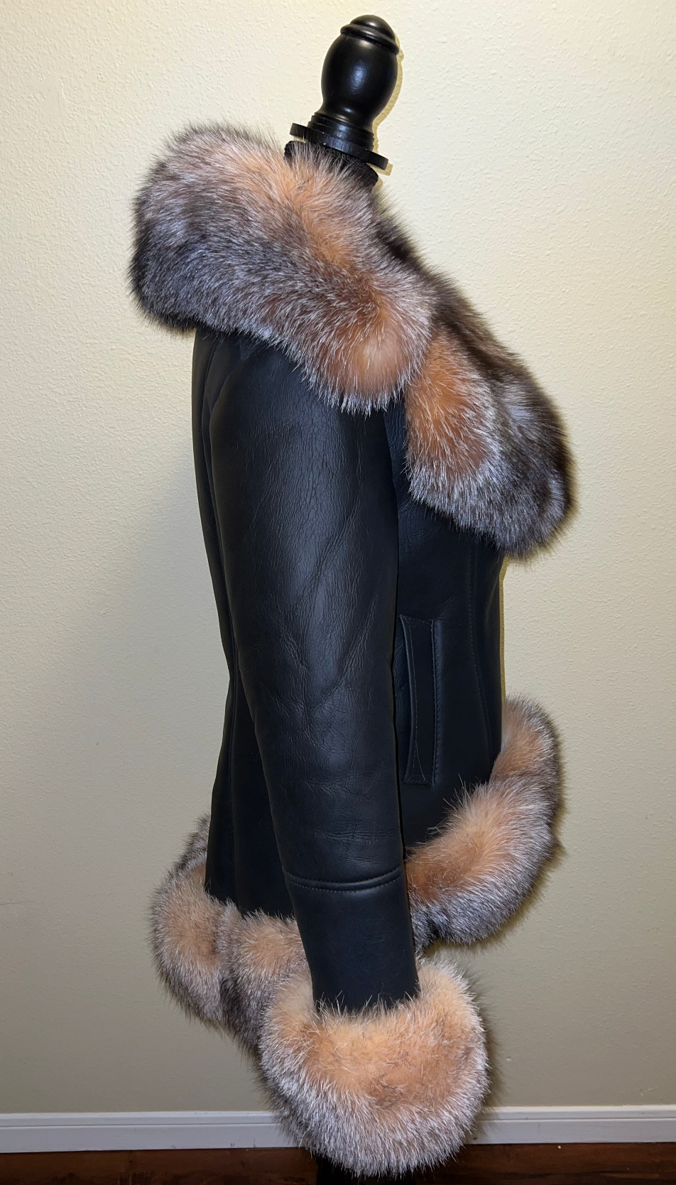 Size M: High Low Shearling Black with Crystal Fox Fur