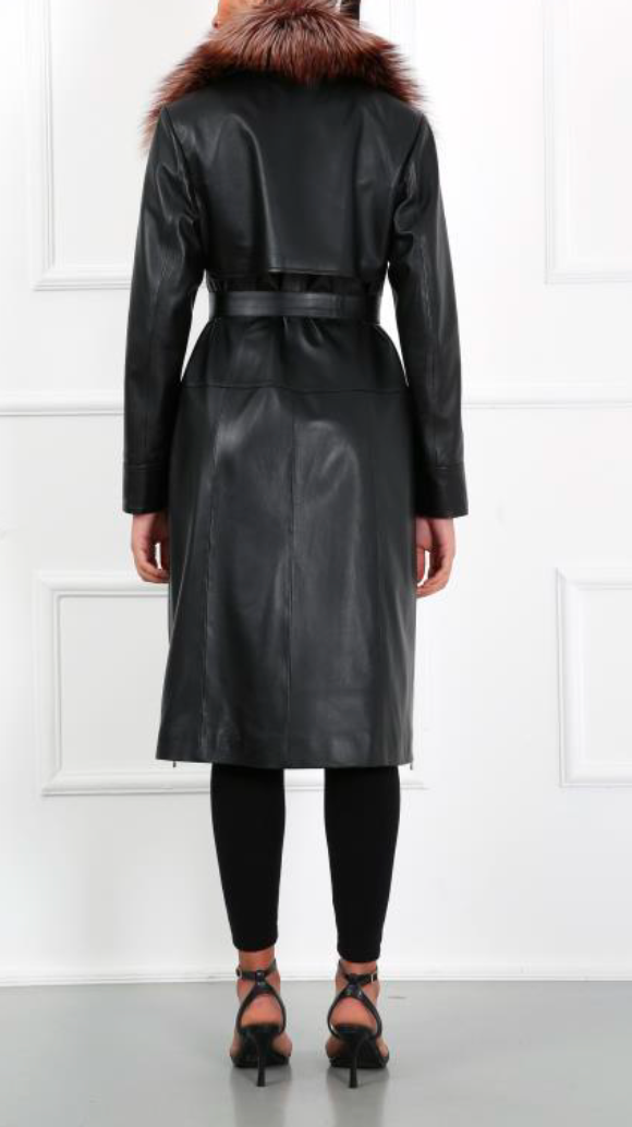 Size M: Leather trench w/ detachable fox fur collar