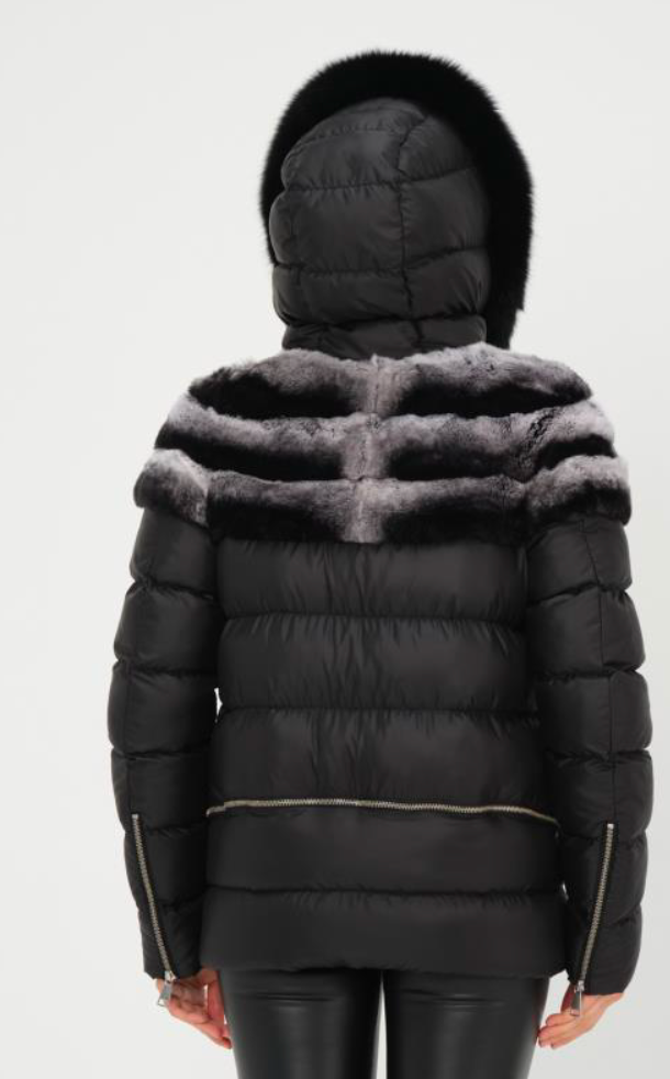 Size M: Down puffer with rex rabbit trim and fox fur collar