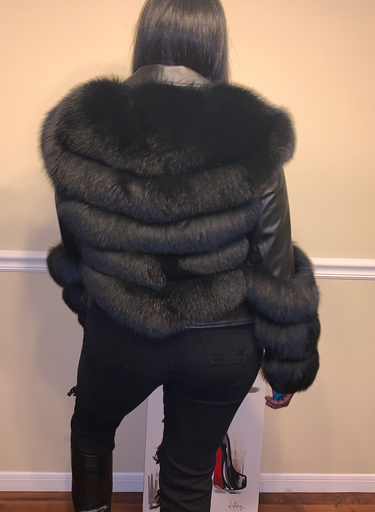 Size M Leather fox fur motorcycle jacket