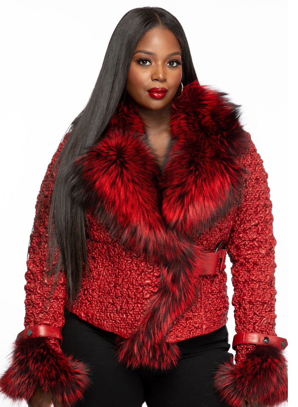 Dina Silver Fox and Leather Jacket (Red)