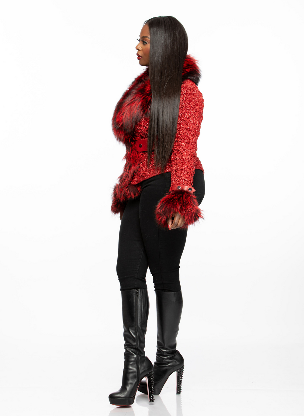 Dina Silver Fox and Leather Jacket (Red)