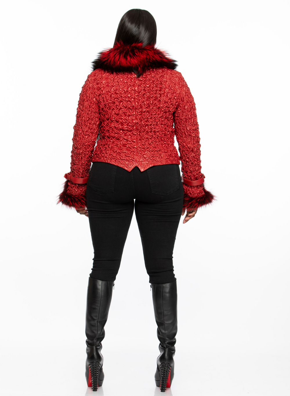 Dina Silver Fox and Leather Jacket (Red)