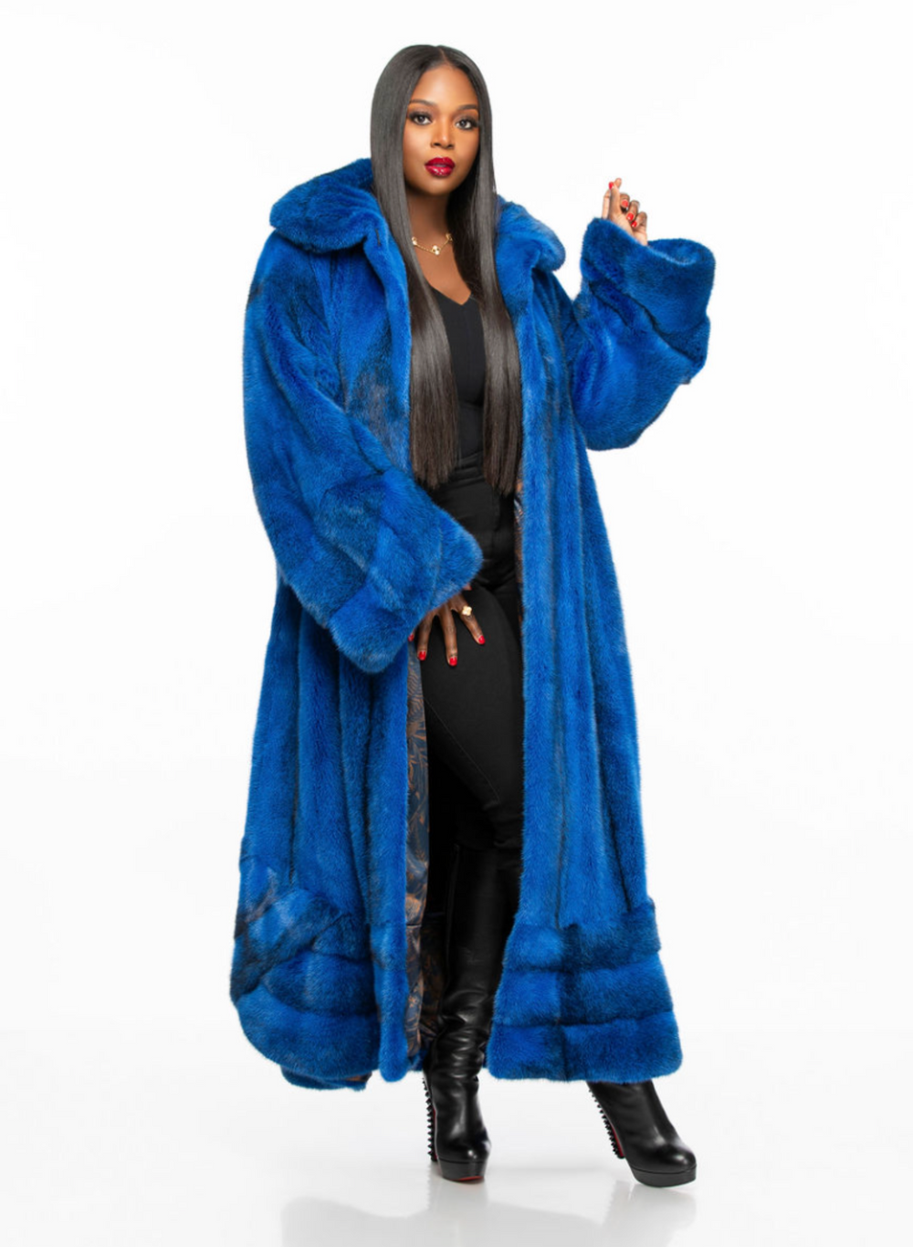 Plus size blue fur top coat