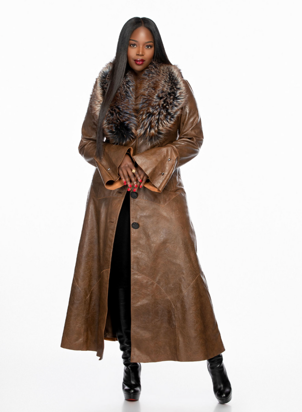 Eva Leather and Fur Coat (Brown)