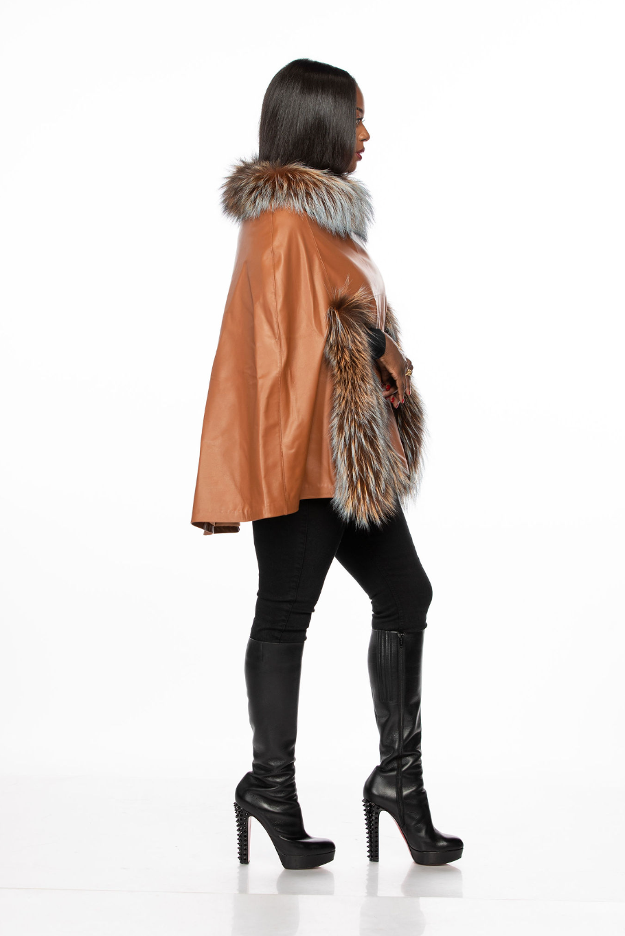 Dina Leather Cape W/ Silver Fox Trimming