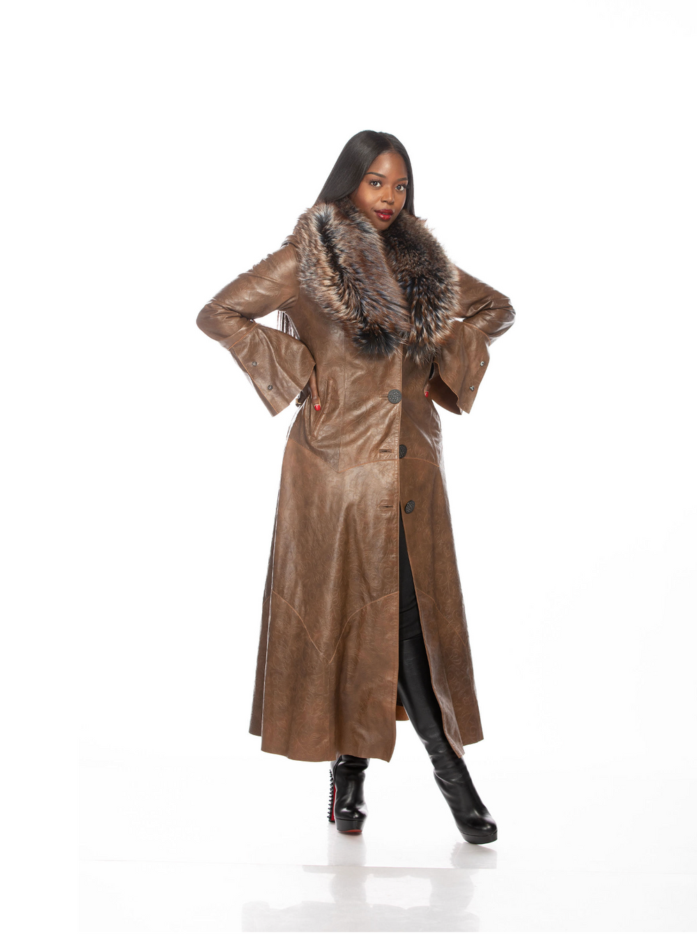 Eva Leather and Fur Coat (Brown)