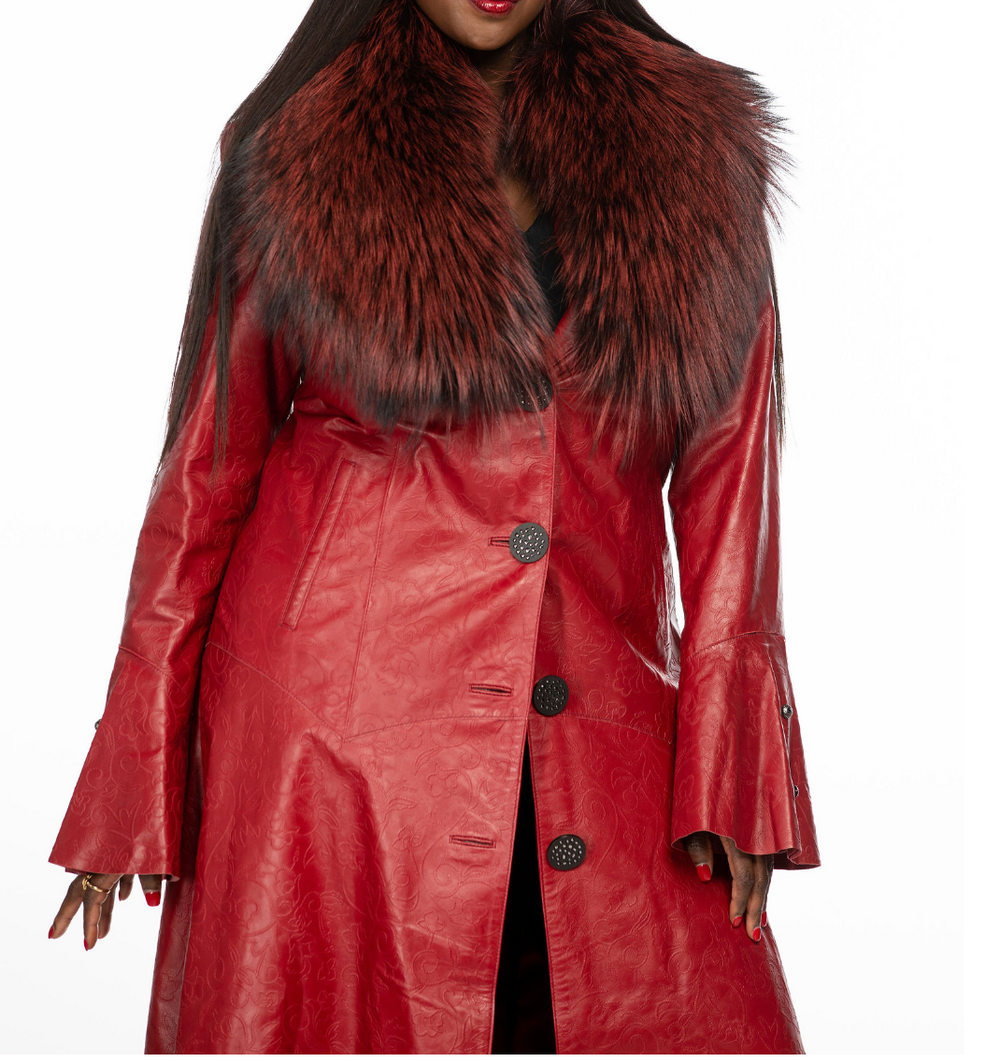 Eva Leather Coat w/ Silver Fox Collar (Red)
