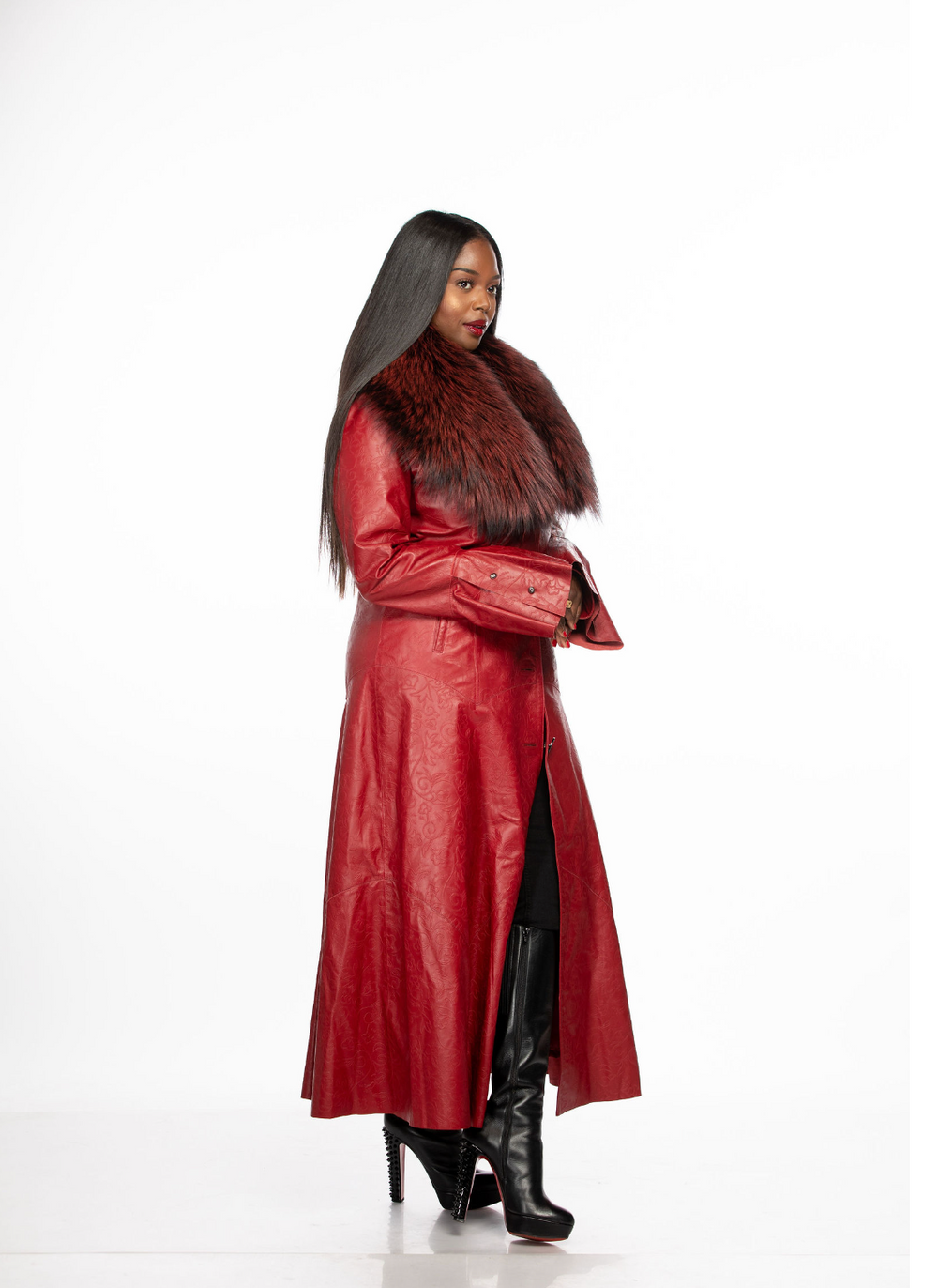 Eva Leather Coat w/ Silver Fox Collar (Red)