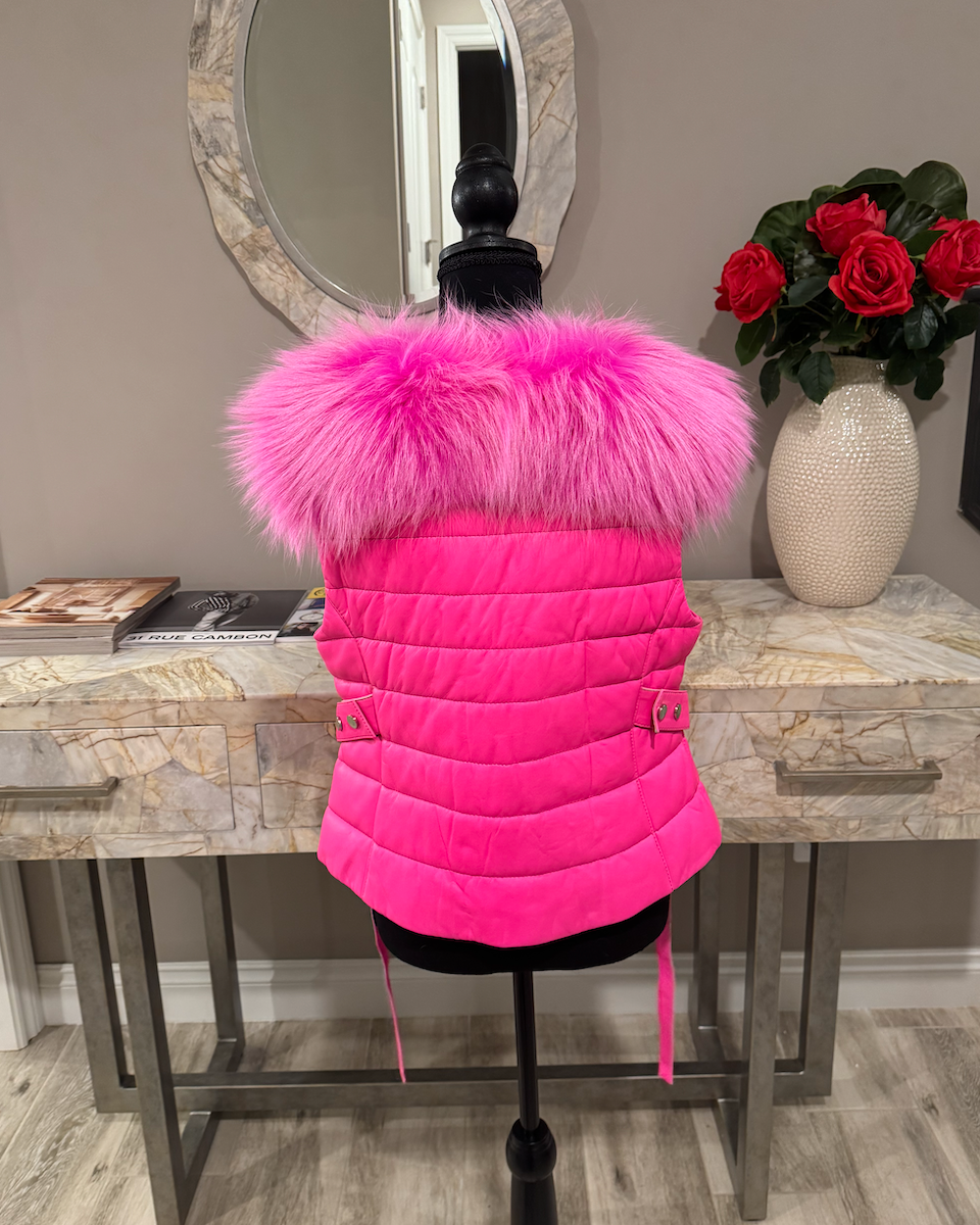 Size L Pink fur vest with leather