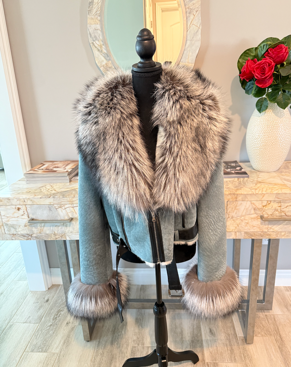 Size XL: Distressed Shearling w/ Silver Fox