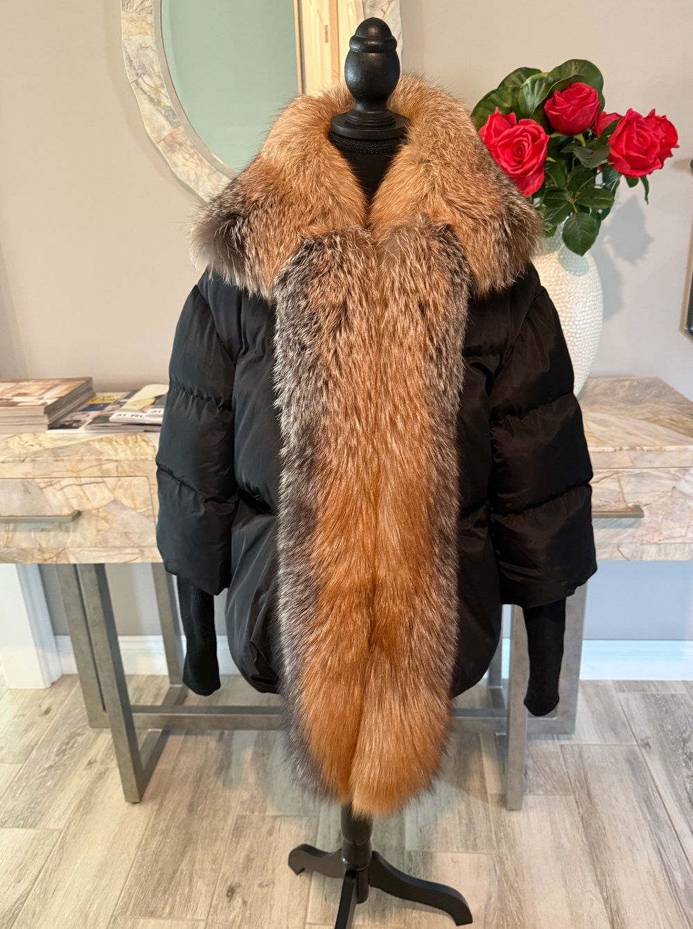 Size L , Black Puffer with fox fur