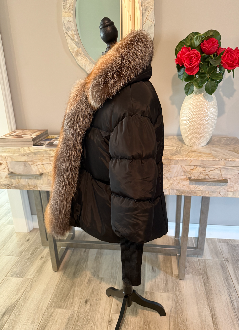 Size L , Black Puffer with fox fur