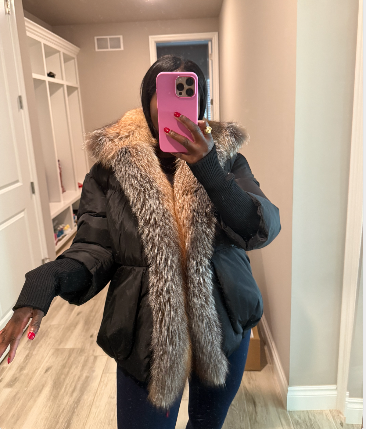 Size L , Black Puffer with fox fur