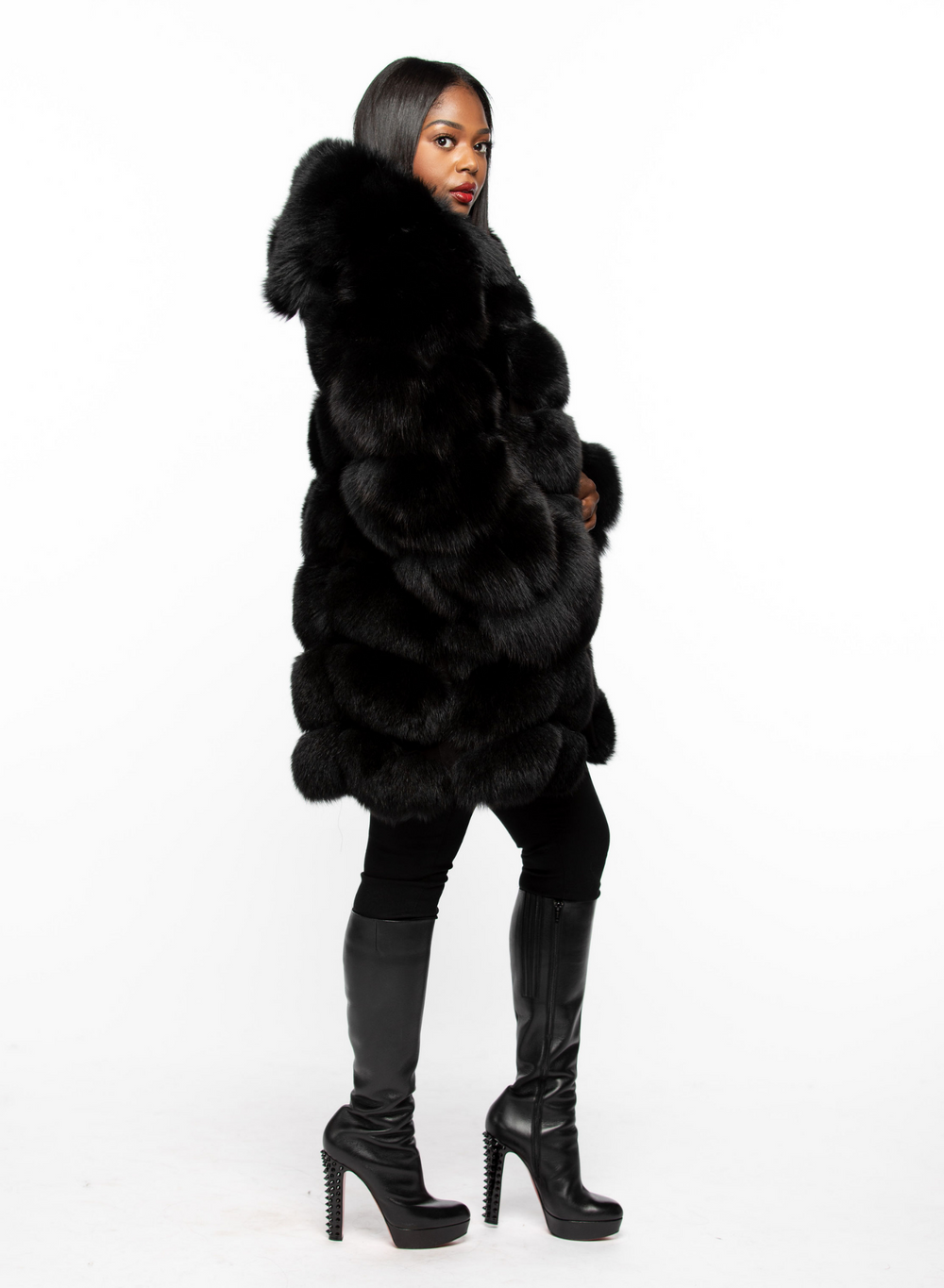 Shirley Fox Fur Coat with Detachable Hood and Sleeves