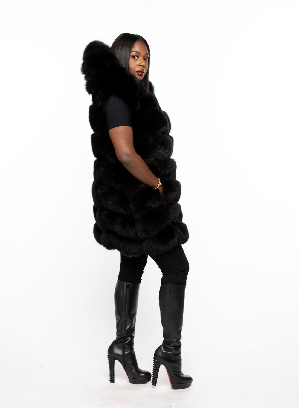 Shirley Fox Fur Coat with Detachable Hood and Sleeves