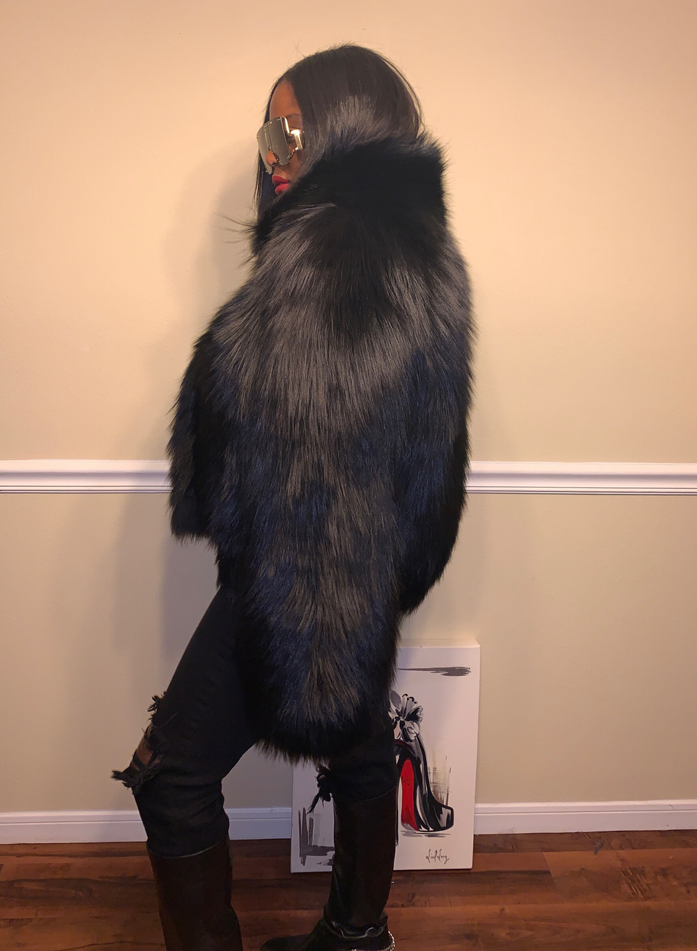 Black silver fox fur jacket SIze XXL