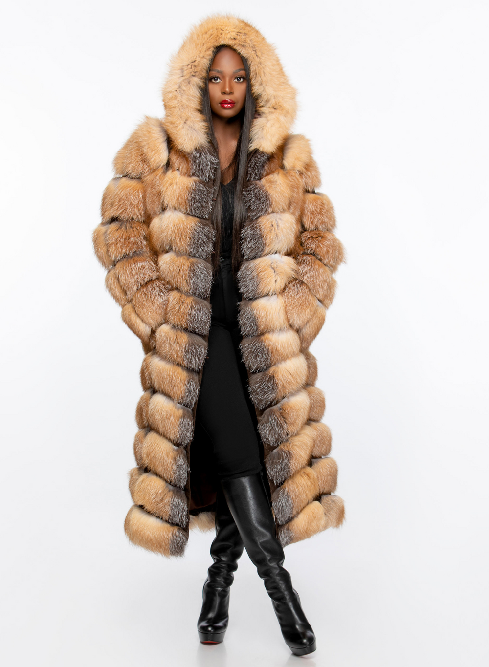 Crystal Gina Full Length Fox Fur Detachable Sleeves Detachable Hood