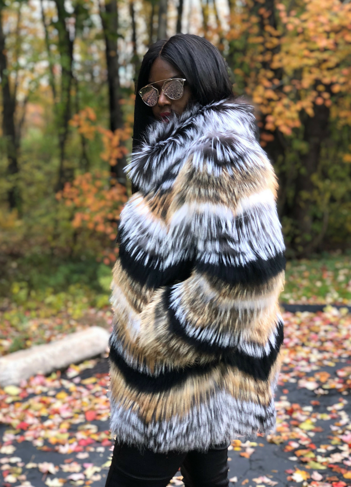 Black and white striped fur coat best sale