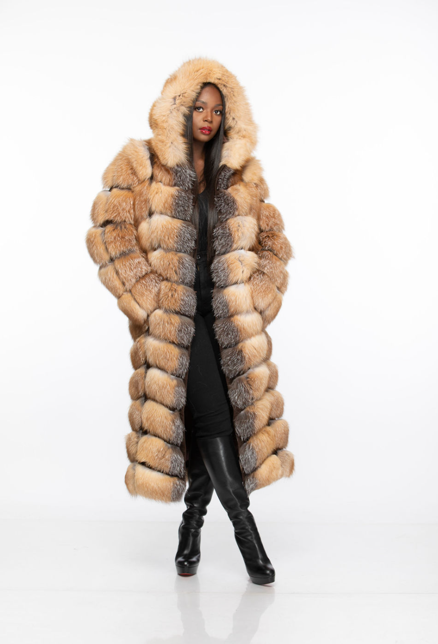 Crystal Gina Full Length Fox Fur Detachable Sleeves Detachable Hood