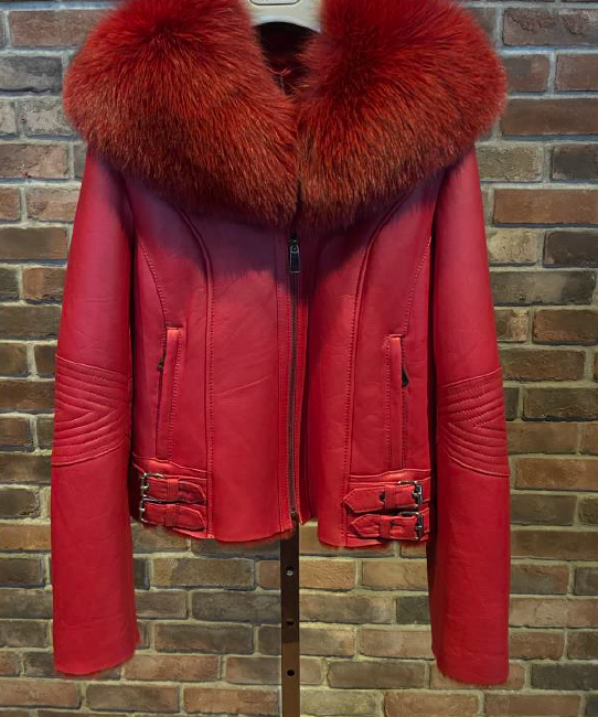 (Multiple Sizes) Shearling Biker w/ Fox Fur Collar (RED)