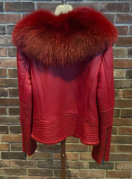 (Multiple Sizes) Shearling Biker w/ Fox Fur Collar (RED)