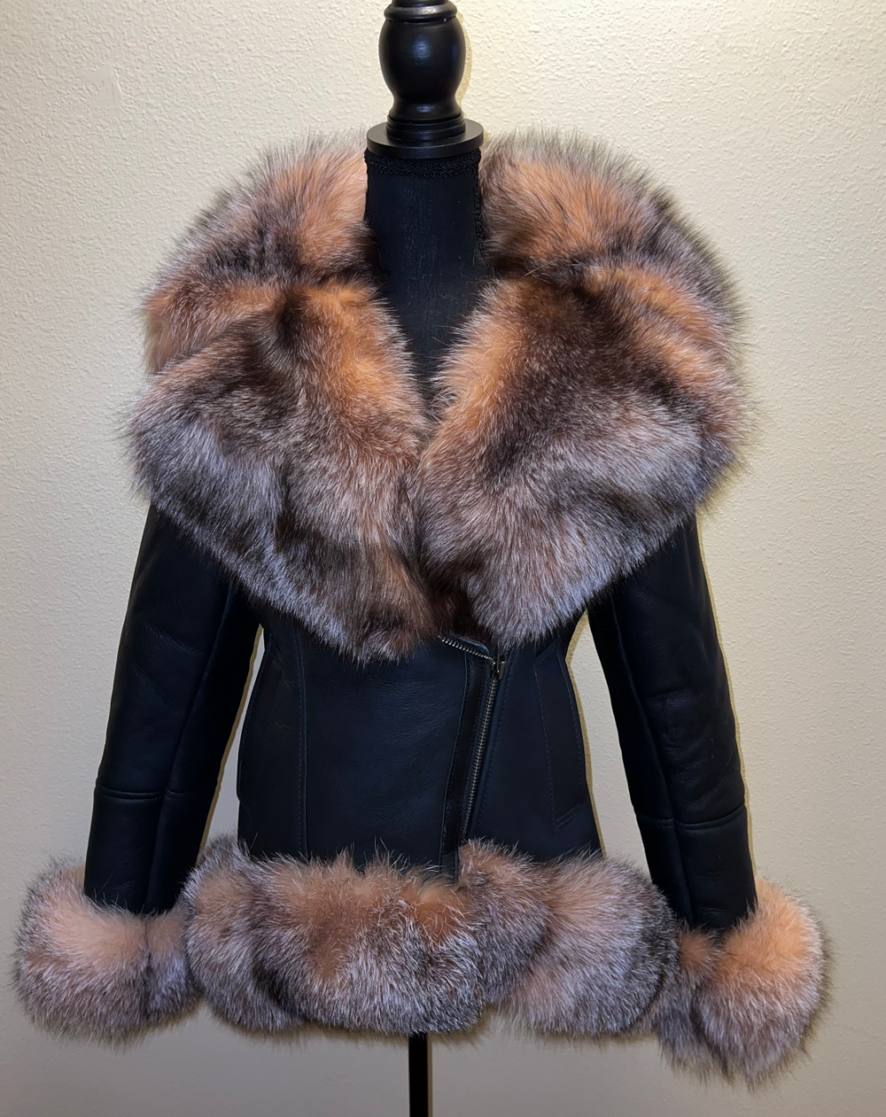 Size M: High Low Shearling Black with Crystal Fox Fur