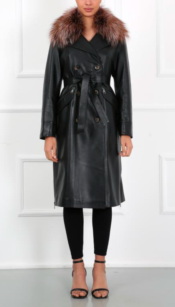 Size M: Leather trench w/ detachable fox fur collar