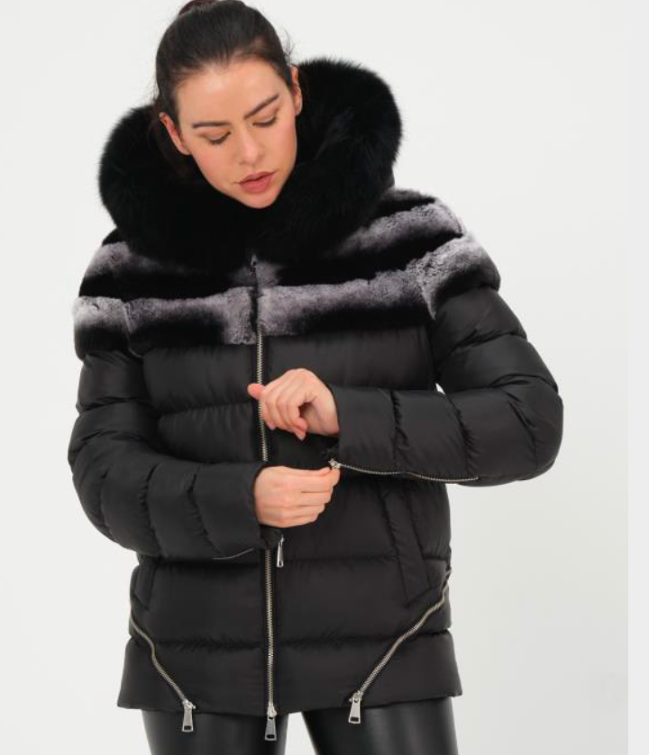 Size M: Down puffer with rex rabbit trim and fox fur collar