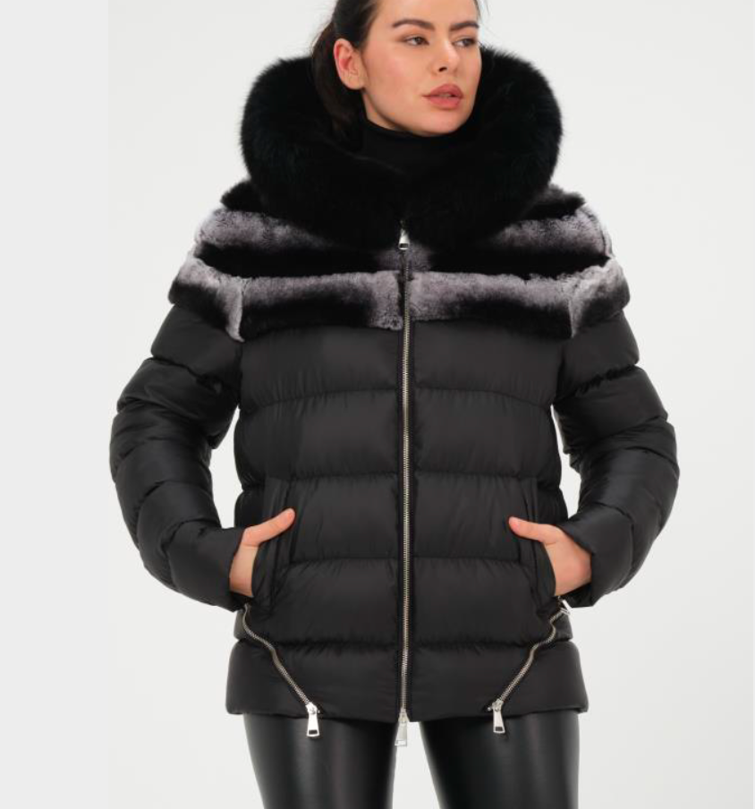 Size M: Down puffer with rex rabbit trim and fox fur collar