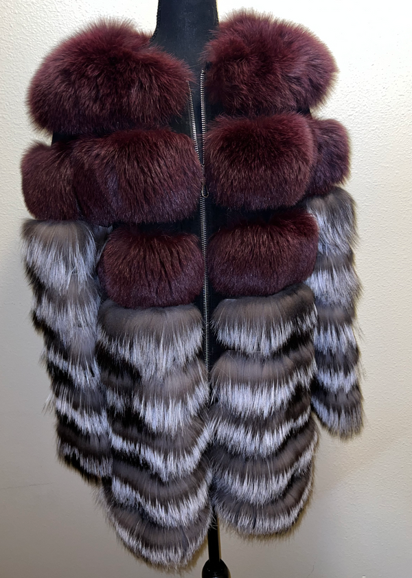 Size M burgundy and grey fox fur