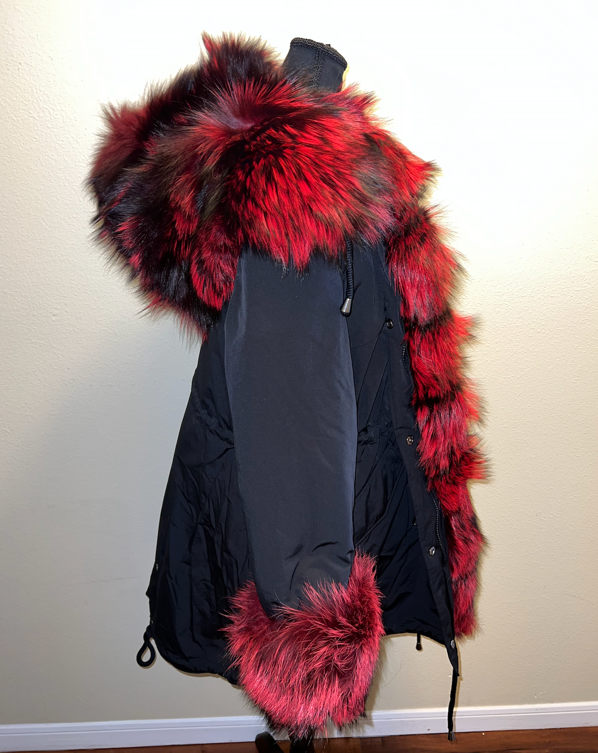 Custom Black parka red silver fox fur