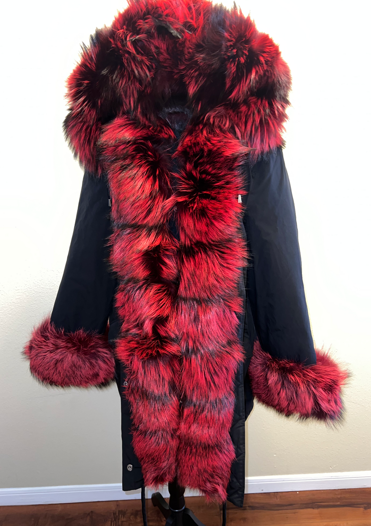 Custom Black parka red silver fox fur