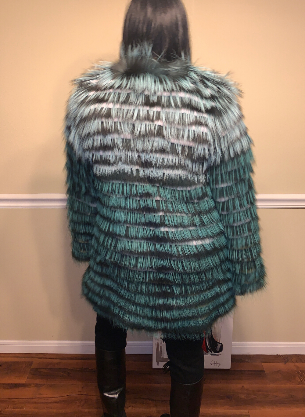 Size M. Green Sheared Silver Fox Jacket with Rex Rabbit (white) inserts