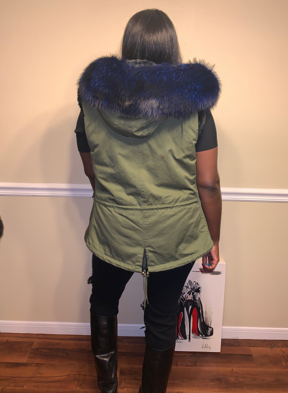 Size M. Army Patch vest with Blue Fox Fur .