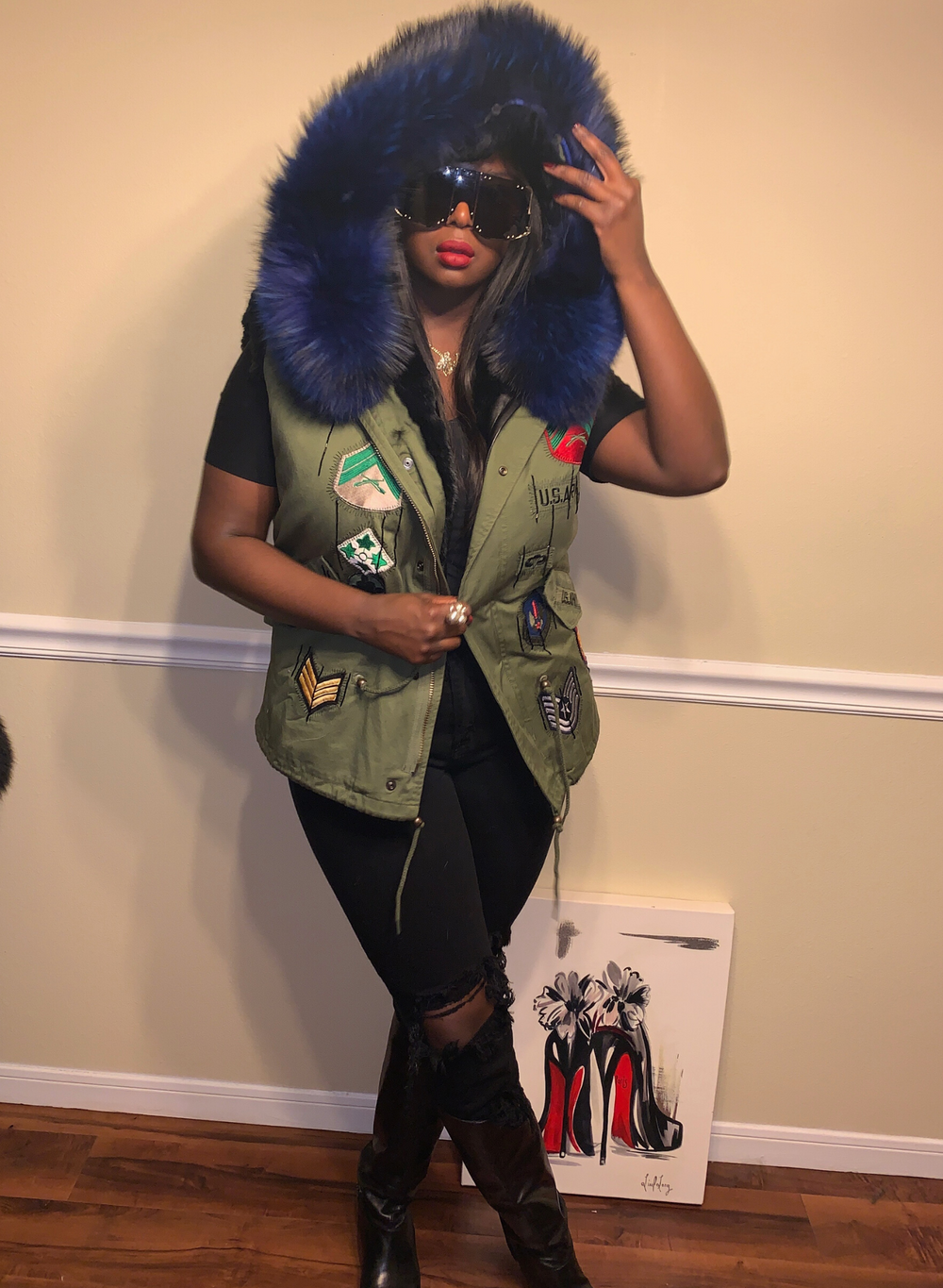 Size M. Army Patch vest with Blue Fox Fur .