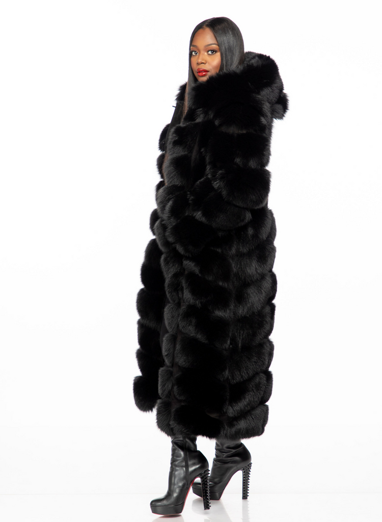 ★HACIE★ SQUARE QUILTING FOX FUR LONG COAT [BEIGE][BLACK] Women's fur coat made of genuine fox fur “MAXIFUR” – Kozuskovo