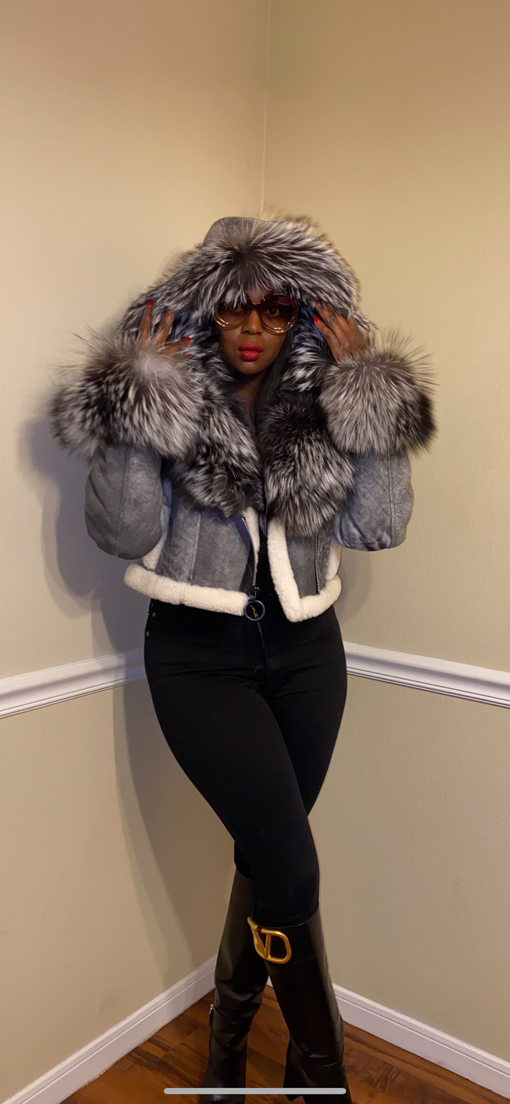 Shearling with silver fox hood . Size XXL.